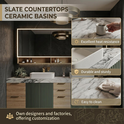 60''-96'' Double Bathroom Vanity with Sink Modern Floating Sage Green Slatted Deep Drawers