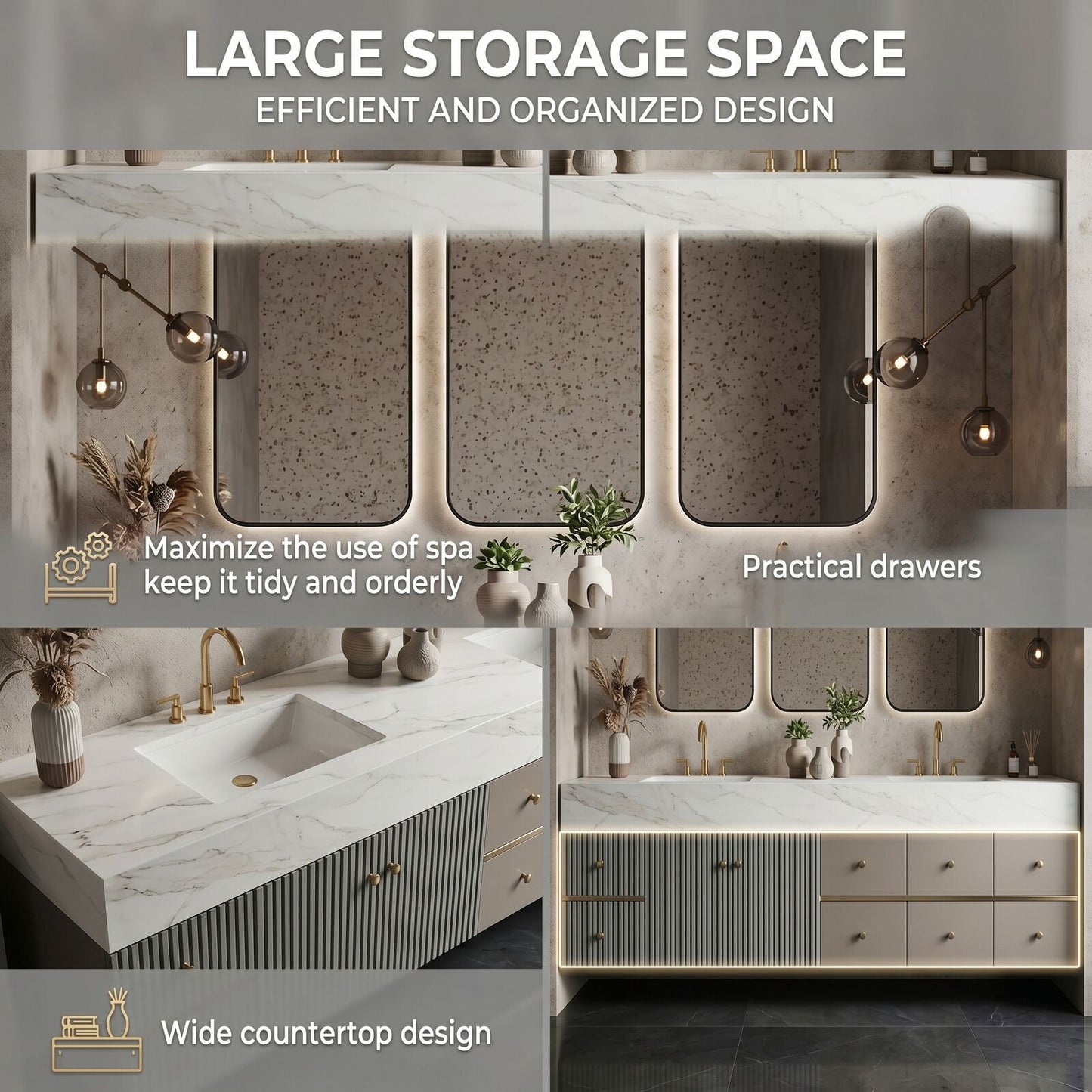 78''-96'' Double Bathroom Vanity with Sink Ribbed Panels White Marble Glass Mirror Cabinet