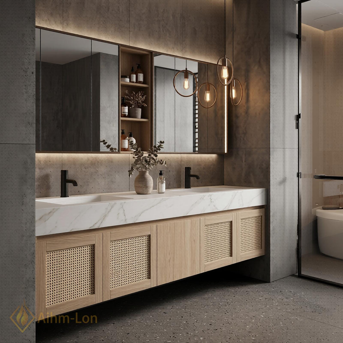 60''-96'' Double Bathroom Vanity with Sink Dark Walnut Grey Counter Slatted Shelving
