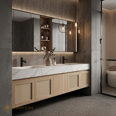 60''-96'' Double Bathroom Vanity with Sink Dark Walnut Grey Counter Slatted Shelving