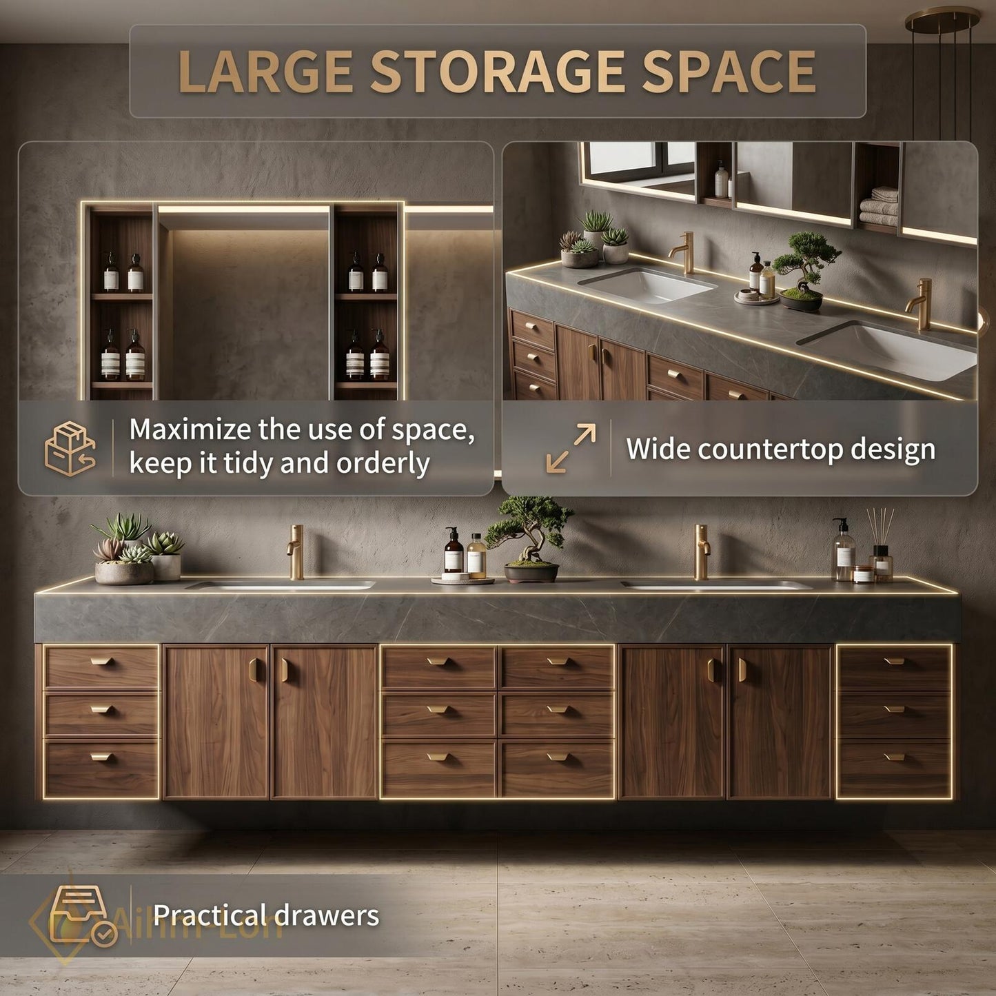 76''-96'' Modern Double Bathroom Vanity with Sink Dark Walnut Stone Top Shelving