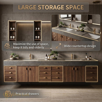 76''-96'' Modern Double Bathroom Vanity with Sink Dark Walnut Stone Top Shelving