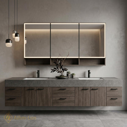 70''-96'' Modern Double Floating Bathroom Vanity with Sink Dark Center Slatted Panel