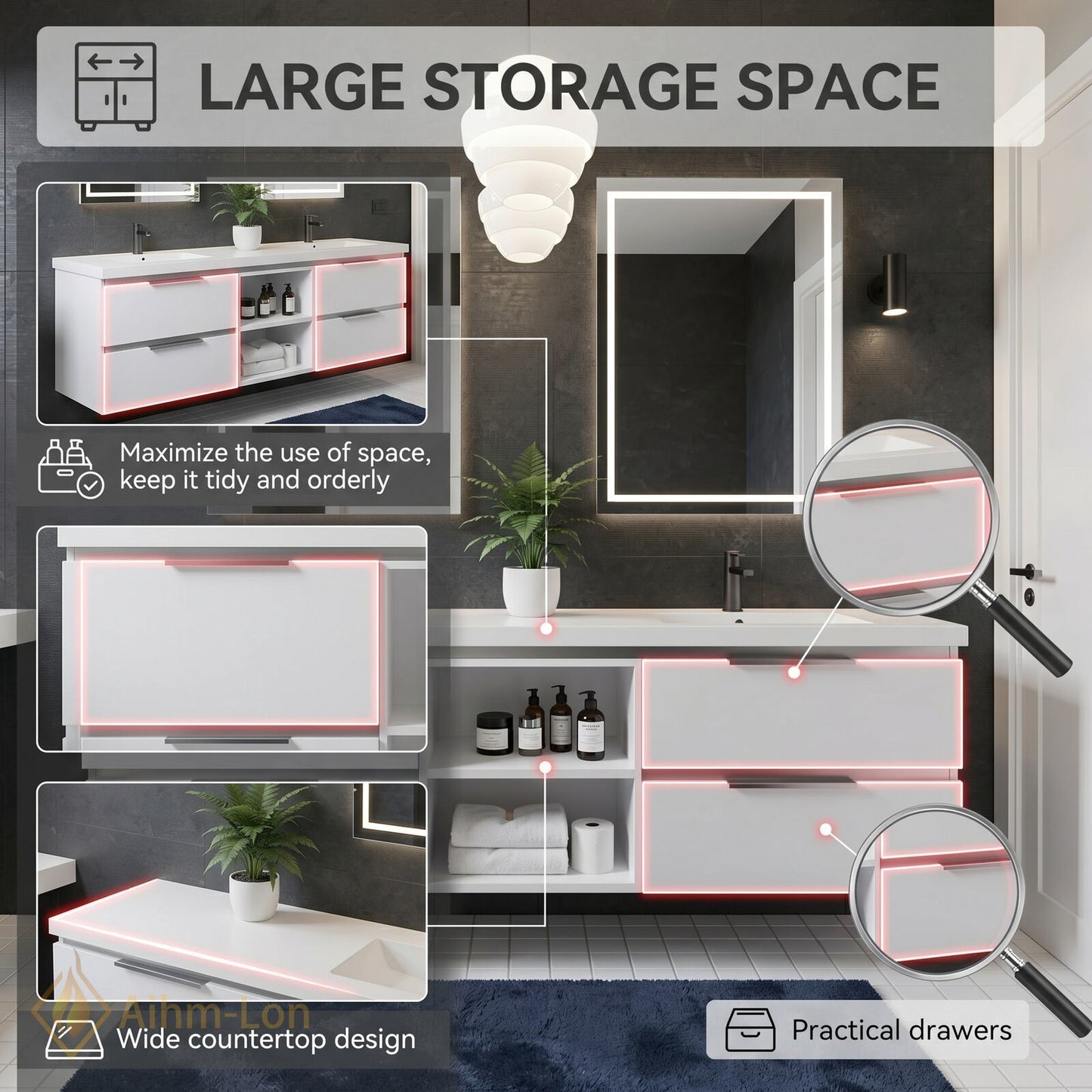 60''-96'' Minimalist Bathroom Vanity with Sink Double Sink Matte White Cabinet Open Shelving