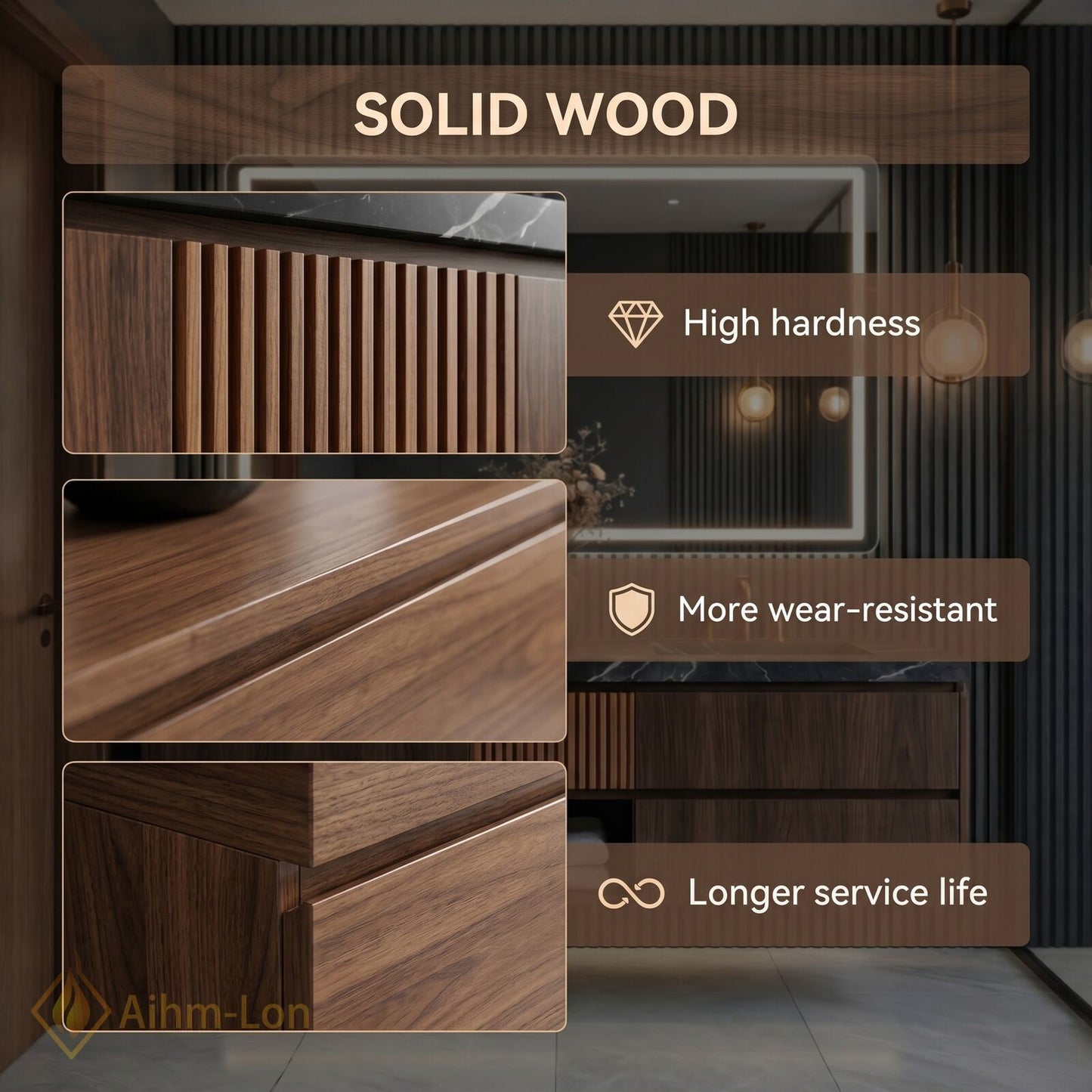 60''-96'' Modern Bathroom Vanity with Sink Double Sink Dark Wood Grain Finish Cabinet