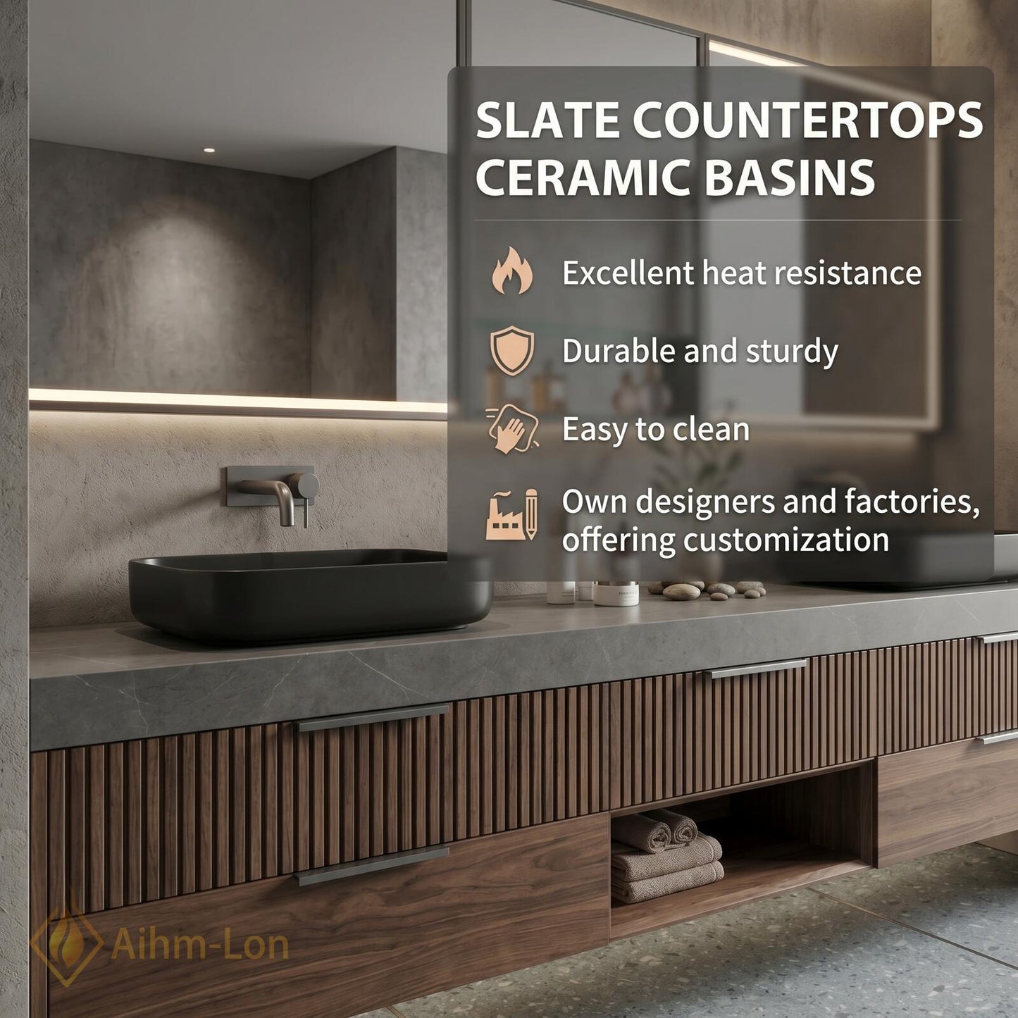 70''-96'' Modern Bathroom Vanity with Sink Floating Dark Walnut Slatted Stone Shelving