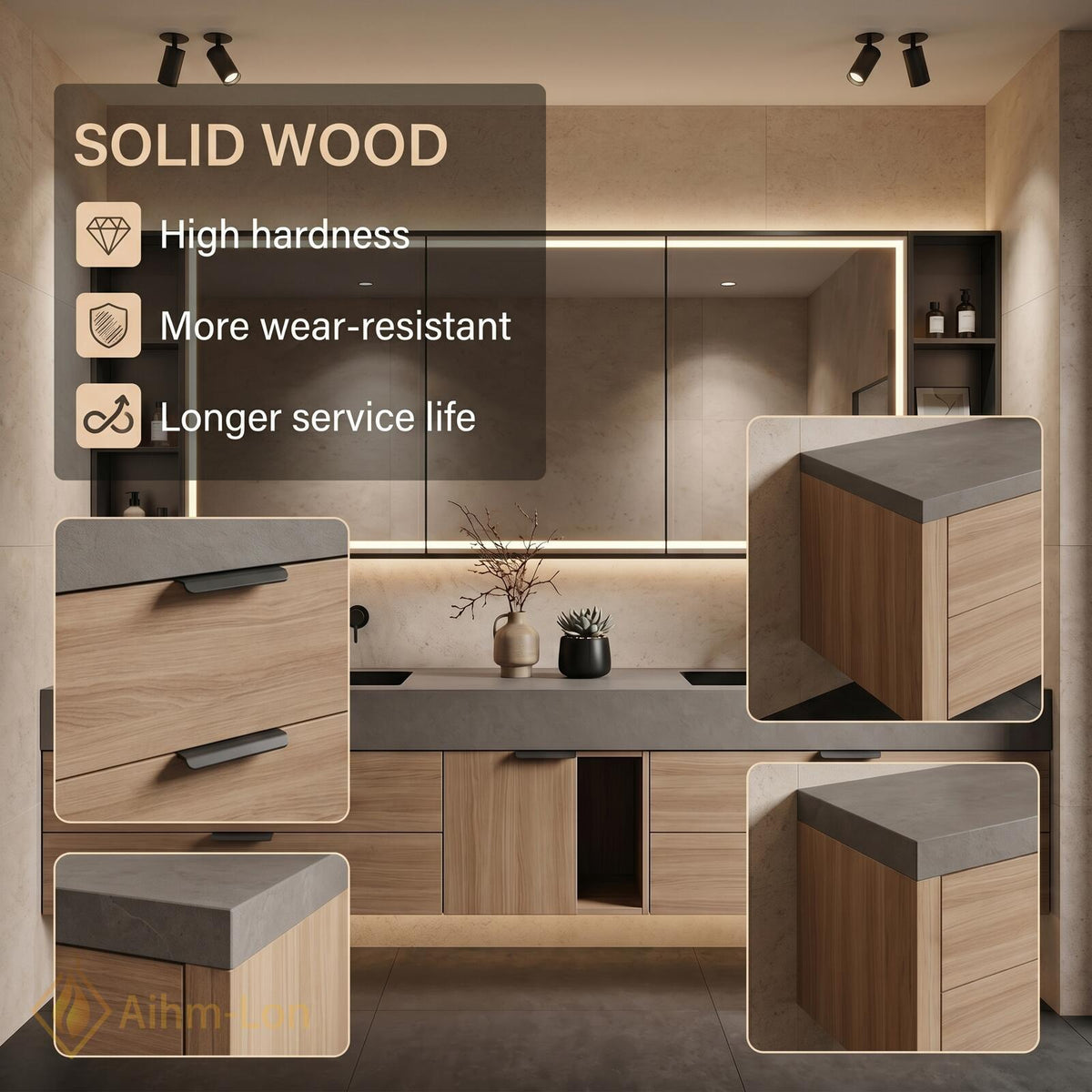 60''-96'' Double Bathroom Vanity with Sink Grey Stone Light Wood Drawers Storage