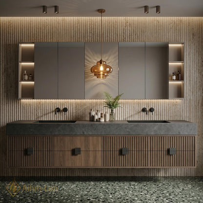 60''-96'' Double Bathroom Vanity with Sink Modern Floating Slatted Wood Front Sleek