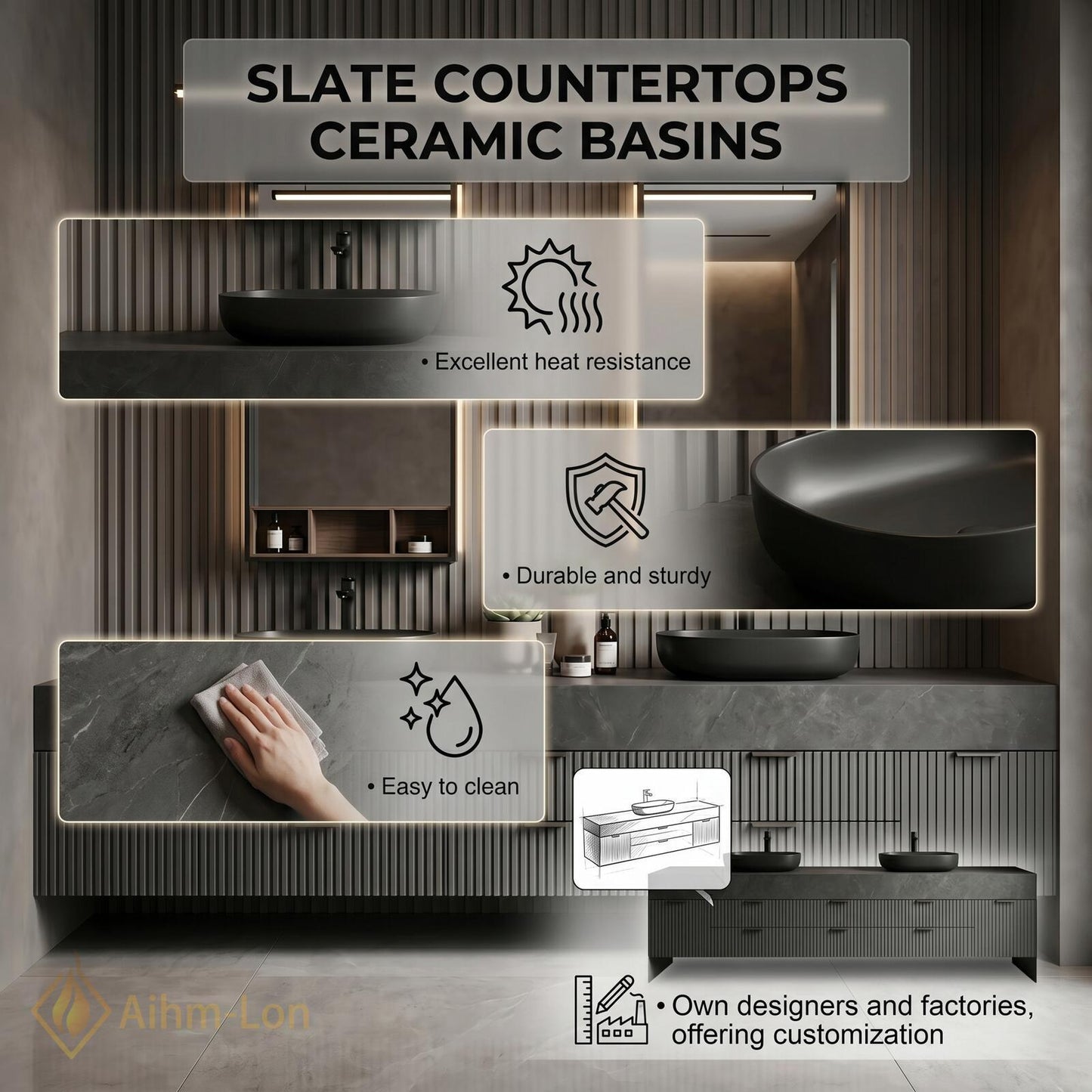 76''-96'' Modern Double Bathroom Vanity with Sink Dark Stone Slatted Front Panels