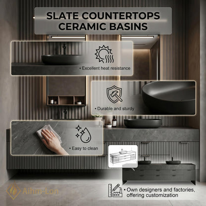76''-96'' Modern Double Bathroom Vanity with Sink Dark Stone Slatted Front Panels