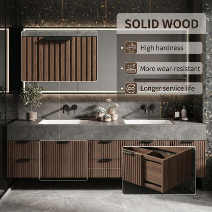 70''-96'' Modern Bathroom Vanity with Sink Double Sink Grey Marble Slatted Wood Cabinet