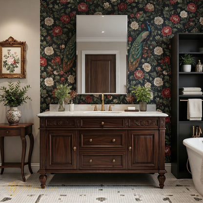 36''-64'' Classic Bathroom Vanity with Sink Dark Wood Carved Drawer Stone Top