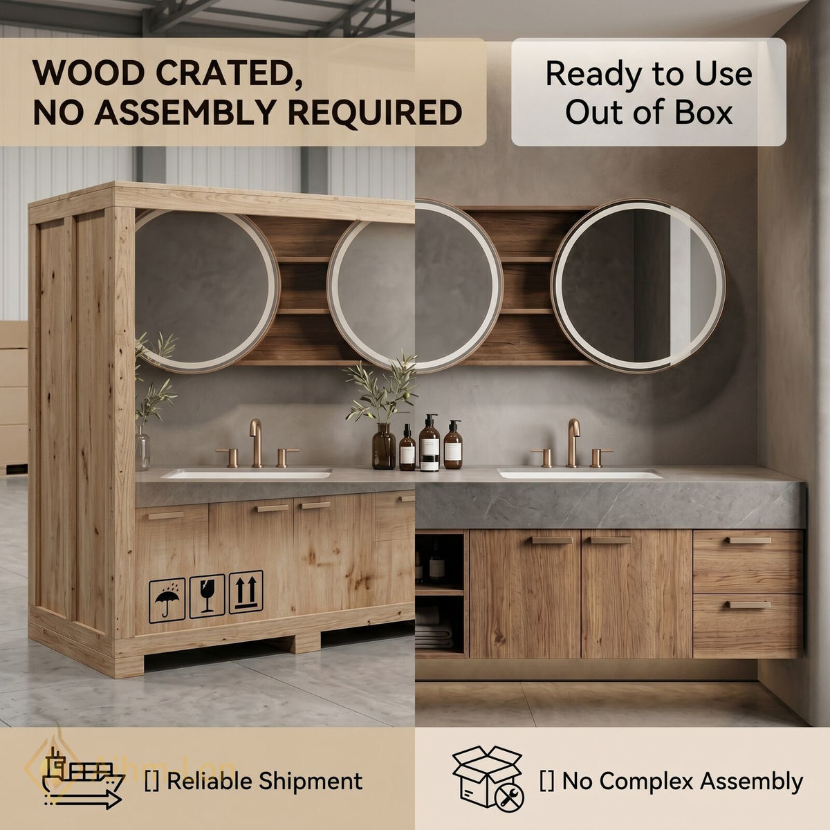 78''-96'' Double Bathroom Vanity with Sink Dark Walnut Open Shelving Slatted Panel
