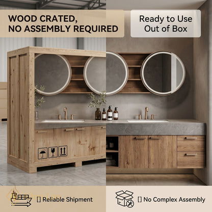 78''-96'' Double Bathroom Vanity with Sink Dark Walnut Open Shelving Slatted Panel