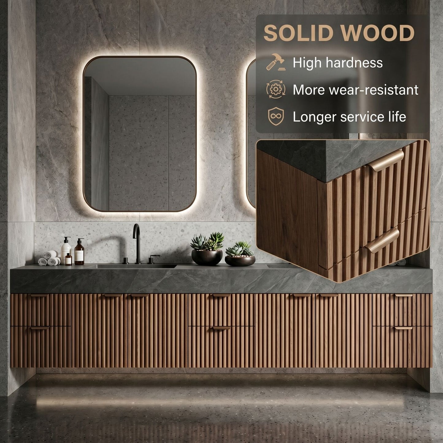 72''-96'' Double Bathroom Vanity with Sink Vertical Slatted Dark Stone Texture Large Drawers