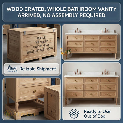 72''-96'' Classic Bathroom Vanity with Sink Oak Nine Drawers Tapered Leg Cabinet