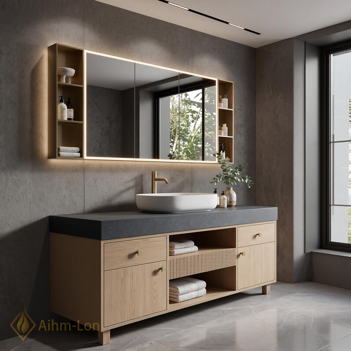 36''-110'' Double Bathroom Vanity with Sink Floating Ridged Front Open Shelving