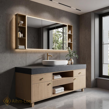 36''-110'' Double Bathroom Vanity with Sink Floating Ridged Front Open Shelving