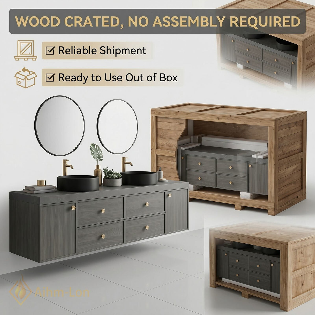 60''-96'' Double Bathroom Vanity with Sink Warm Grey Wood Grain Vertical Slats