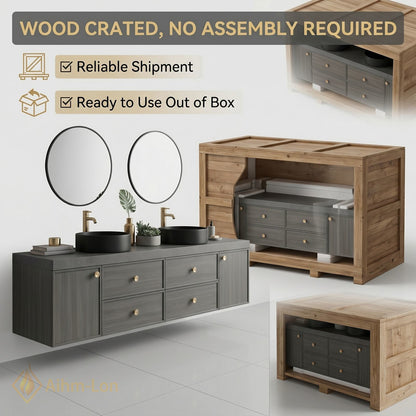 60''-96'' Double Bathroom Vanity with Sink Warm Grey Wood Grain Vertical Slats