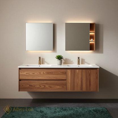 60''-96'' Double Bathroom Vanity with Sink Floating Wood Grain Marble Top Mirror Drawers