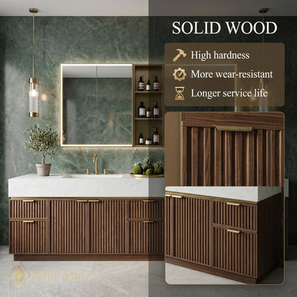 76''-96'' Modern Double Bathroom Vanity with Sink White Marble Slatted Walnut Front