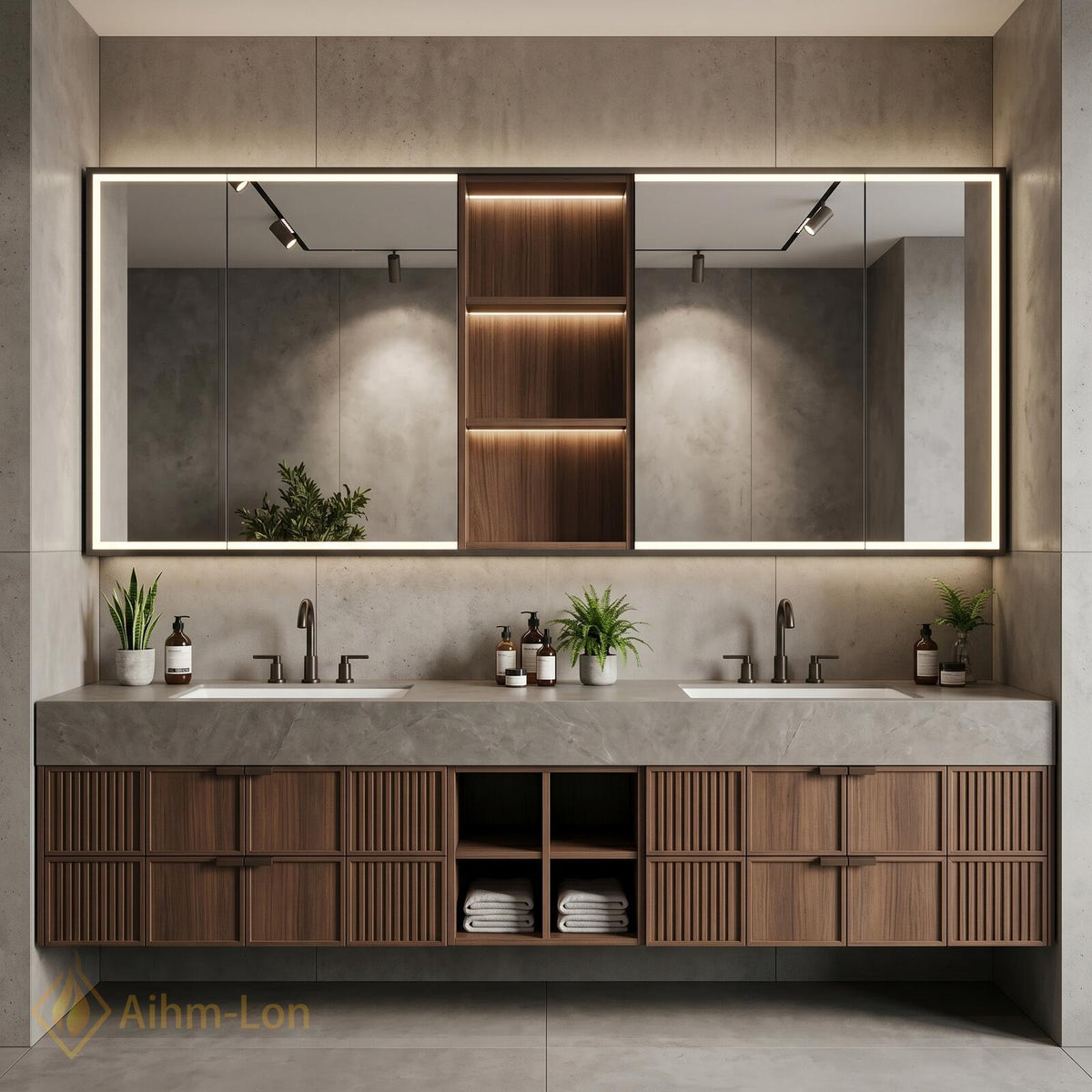 60''-96'' Double Bathroom Vanity with Sink Modern Slatted Panel Doors Stone Top