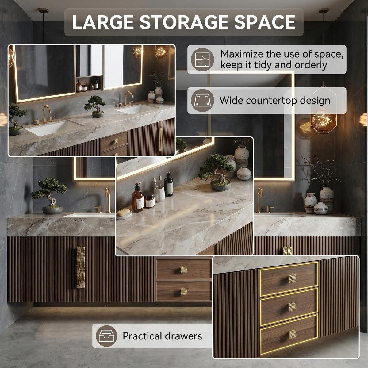 60''-96'' Double Bathroom Vanity with Sink Marble-Effect Top Dark Walnut Slatted Front