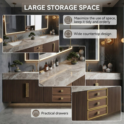 60''-96'' Double Bathroom Vanity with Sink Marble-Effect Top Dark Walnut Slatted Front