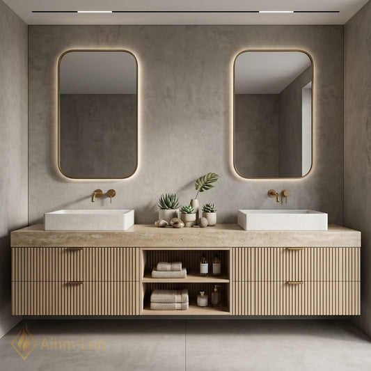 60''-96'' Double Bathroom Vanity with Sink Ribbon-Slit Door Panels Neutral Stone Top