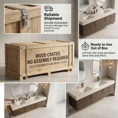 60''-96'' Double Bathroom Vanity with Sink Floating Basin Design Backlit Mirrors Veneer