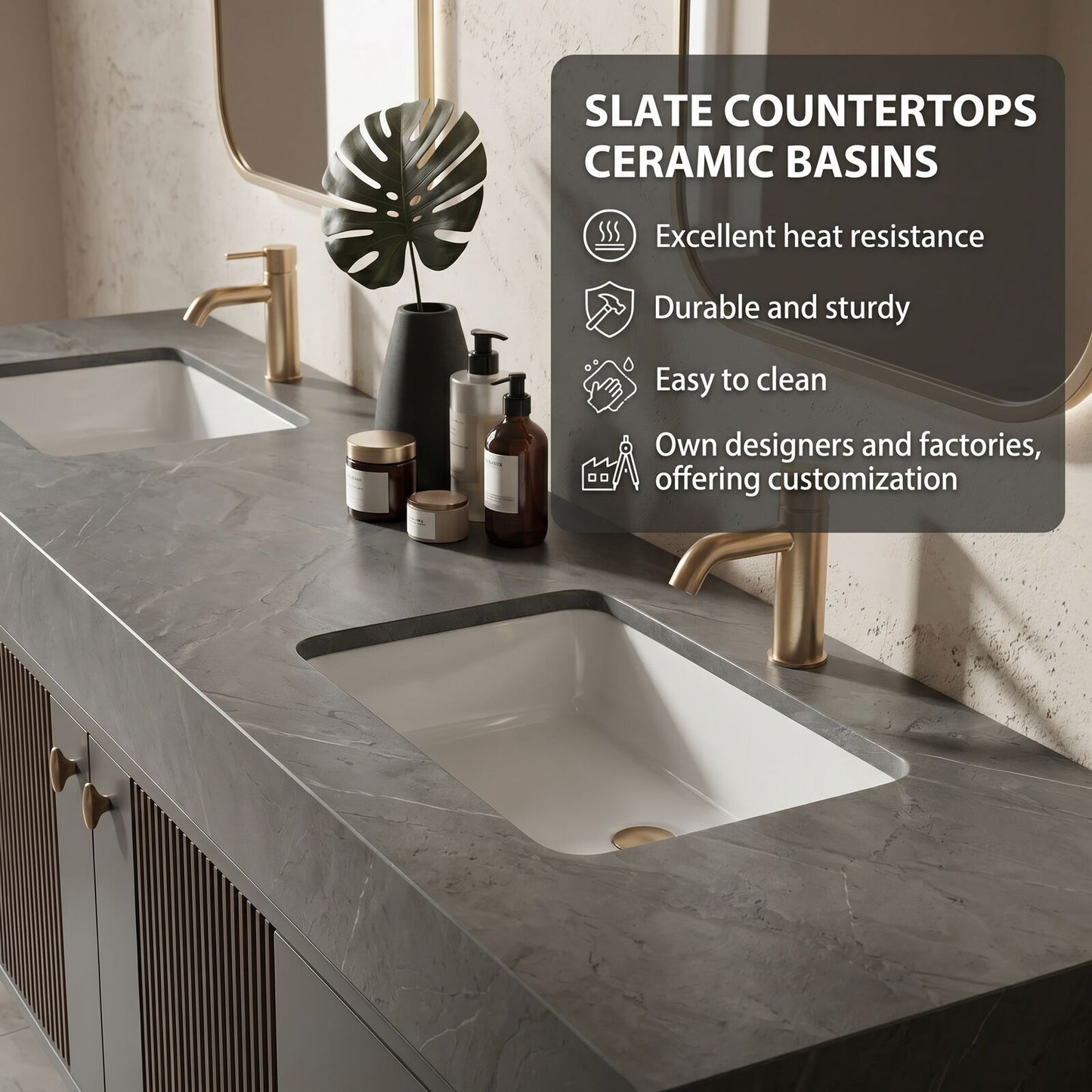 60''-96'' Modern Bathroom Vanity with Sink Double Sink Dark Textured Stone Floating Cabinet