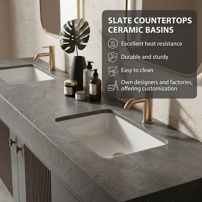 60''-96'' Modern Bathroom Vanity with Sink Double Sink Dark Textured Stone Floating Cabinet