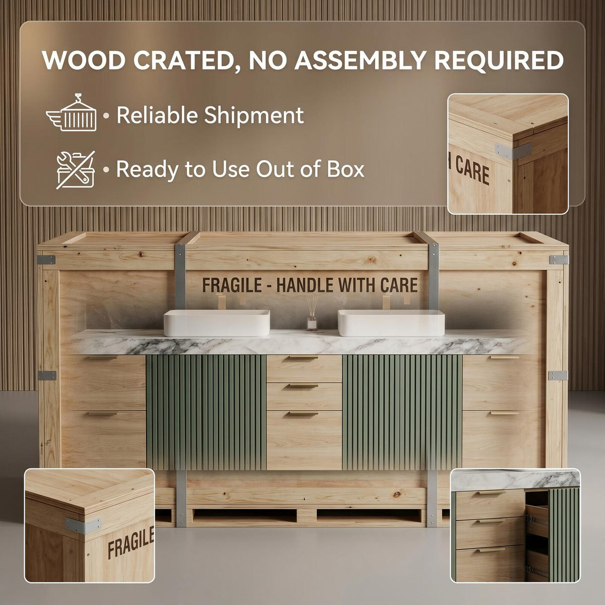 60''-96'' Double Bathroom Vanity with Sink Modern Floating Sage Green Slatted Deep Drawers