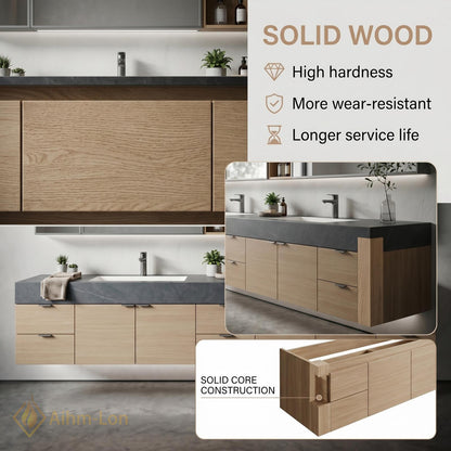 60''-96'' Double Bathroom Vanity with Sink Floating Oak Finish Slatted Open Shelving