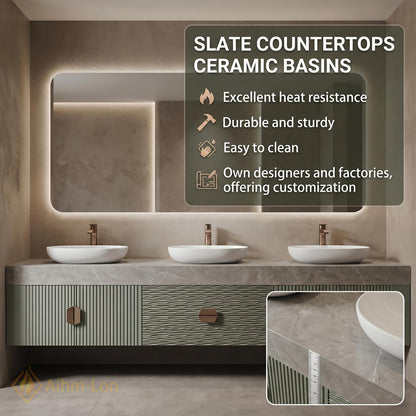 78''-96'' Triple Bathroom Vanity with Sink Sage-Green Floating Fluted Recessed Basin Panels