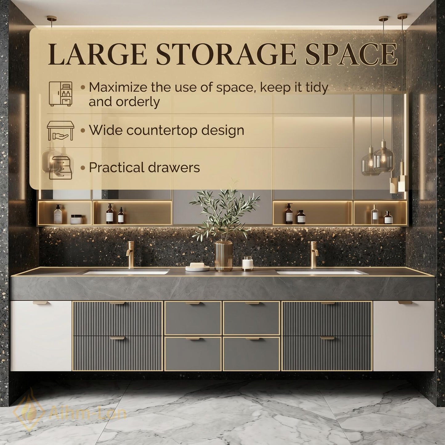 78''-96'' Double Bathroom Vanity with Sink Charcoal Modern Floating Stone Drawer Mirror