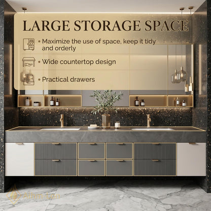 78''-96'' Double Bathroom Vanity with Sink Charcoal Modern Floating Stone Drawer Mirror