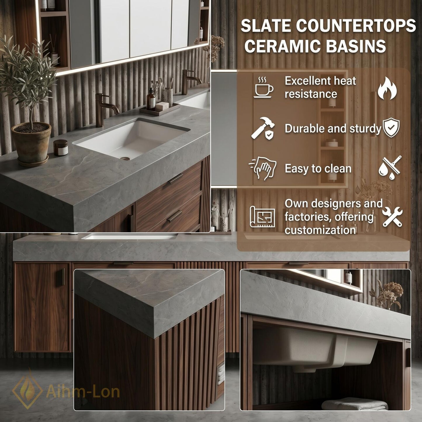 70''-96'' Bathroom Vanity with Sink Sleek Floating Slatted Center Rich Walnut Finish