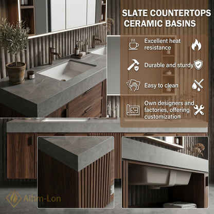 70''-96'' Bathroom Vanity with Sink Sleek Floating Slatted Center Rich Walnut Finish