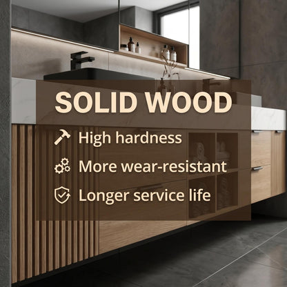 70''-96'' Floating Bathroom Vanity with Sink Double Sink White Marble Light Oak Panels Cabinet