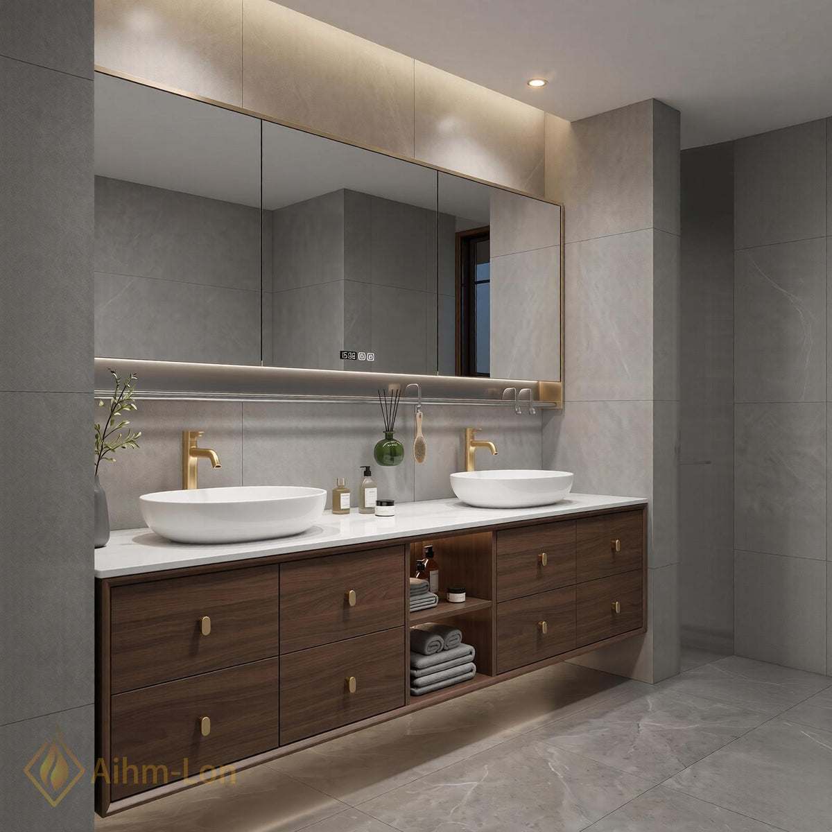 60''-96'' Bathroom Vanity with Sink Modern Floating 2 Users Open Center Shelves