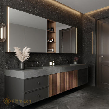 60''-96'' Double Bathroom Vanity with Sink Sleek Dark Grey Stone Central Slatted