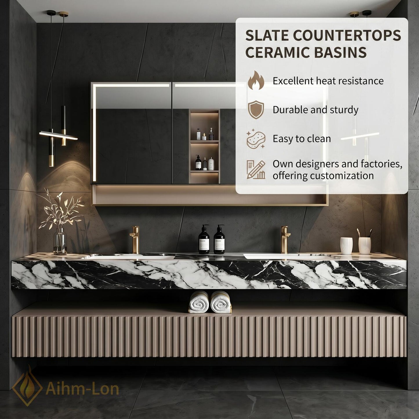 60''-96'' Double Bathroom Vanity with Sink Modern Floating Marble Top Ribbed Front