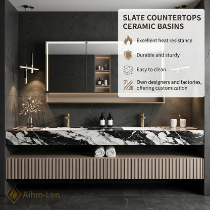 60''-96'' Double Bathroom Vanity with Sink Modern Floating Marble Top Ribbed Front
