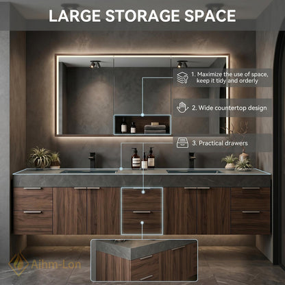 72''-96'' Double Bathroom Vanity with Sink Dark-Walnut Modern Grain Wall Mounted