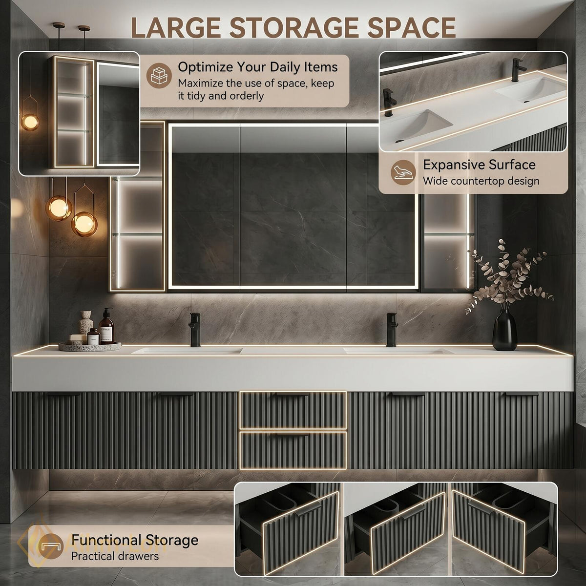 60''-96'' Double Bathroom Vanity with Sink Fluted Front Panels Matte Dark Finish
