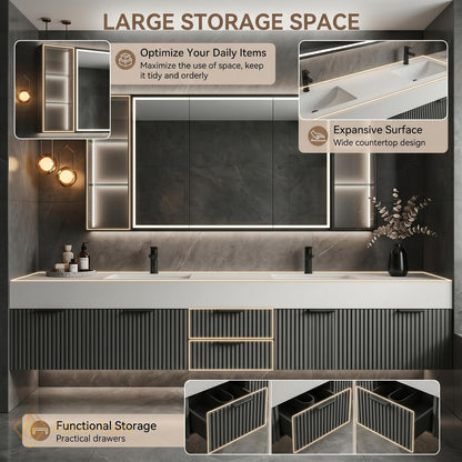 60''-96'' Double Bathroom Vanity with Sink Fluted Front Panels Matte Dark Finish