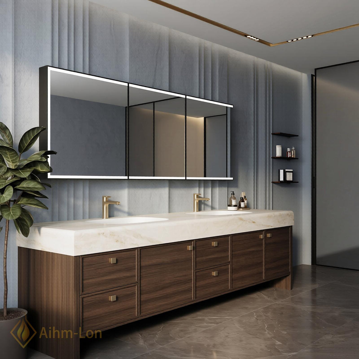 76''-96'' Double Bathroom Vanity with Sink Floating Double Walnut Finish Slatted Panel