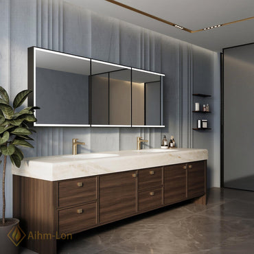 76''-96'' Double Bathroom Vanity with Sink Floating Double Walnut Finish Slatted Panel